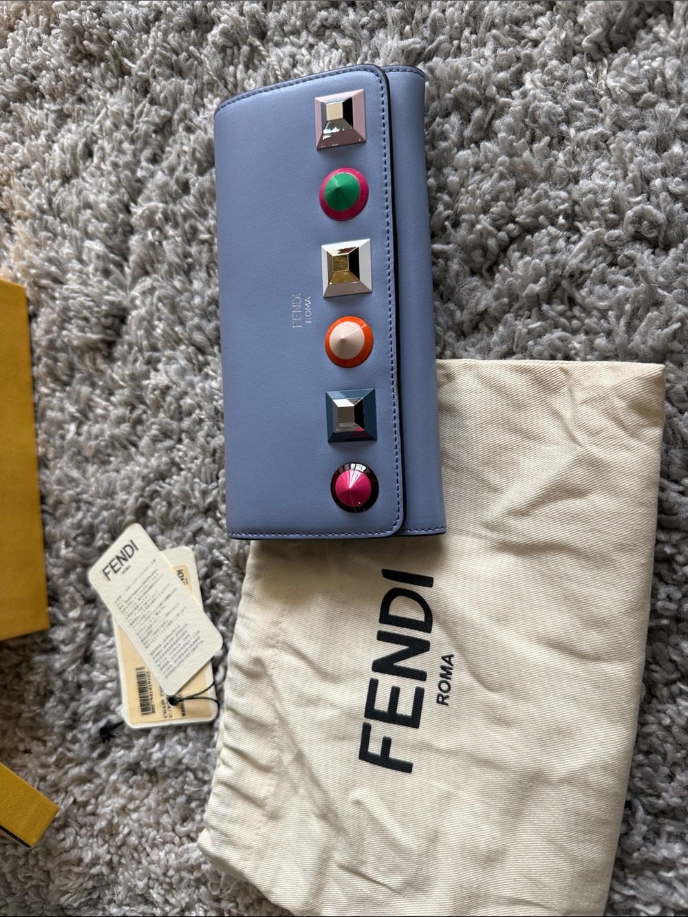 Authentic Fendi Lavender Leather Continental Wallet on chain with Colorful Studs